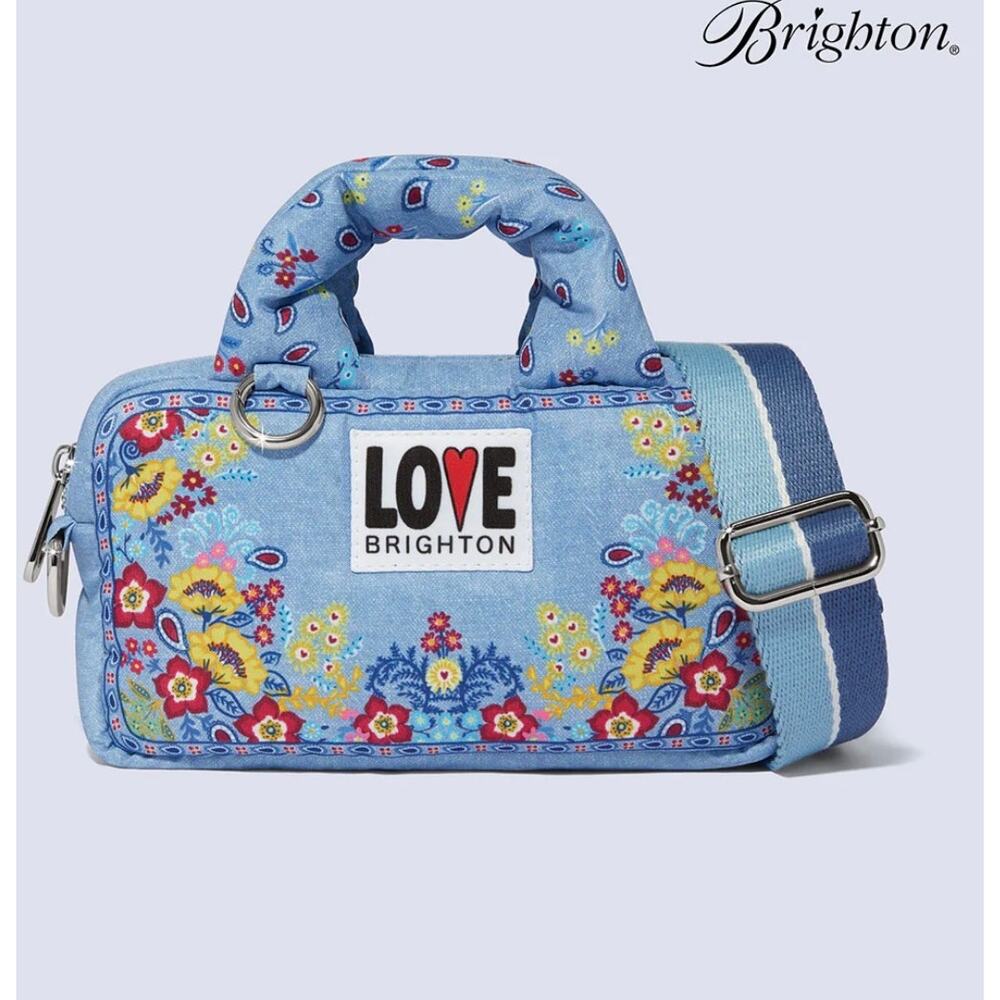 Brighton London LOVE Bandana Crossbody Puffer Mini Bag Top Handle Blue Floral